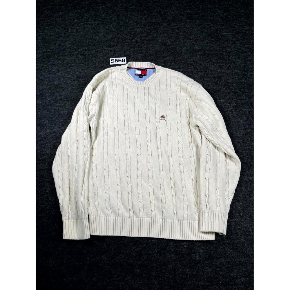Y2K Vintage Tommy Hilfiger XL White Cable Knit Cotton Ribbed Hem Winter Wear
